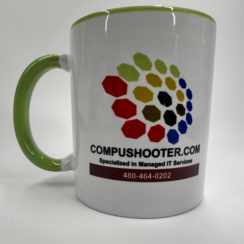 COMPUSHOOTER.COM IT SERVICES Coffee Mug 2 Sided Logo Green inside & handle 12 oz